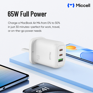 Cargador Rápido GaN Compacto de 65W Miccell OEM al por Mayor, Cargadores de Teléfono con Puerto Dual Tipo-C, USB-C para Laptop, Teléfono, <span class=keywords><strong>Xiaomi</strong></span> - Product Image 3