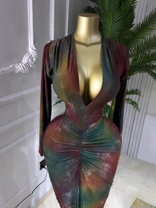 ชุดเดรสแม็กซี่เดรสเข้ารูปแขนยาวคอวีลึกสำหรับผู้หญิง - ชุดเดรสแฟชั่นสำหรับงานปาร์ตี้ยามเย็นสุดอินเทรนด์ - Product Image 4