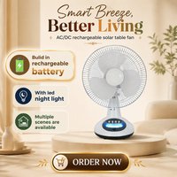 Ventilateur de table solaire rechargeable pour enfants AC/DC, portable, 12 pouces, avec lumière LED, alimenté par énergie solaire, source de batterie, ventilateurs électriques