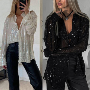 <b>Sequined</b> Top Lapel Long Sleeve Loose Fit Women's Shirt <b>Jacket</b> With Collage Design Full Sleeve Sexy Cross Border Style - Product Image 5