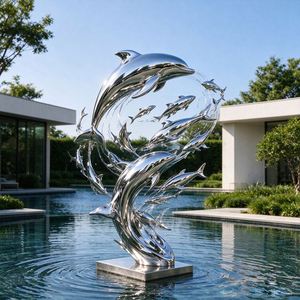 Escultura de Peces de Acero Inoxidable Pulido a Espejo, Estatua Abstracta de Grupo de Peces de Metal para Decoración de Paisajes con Fuentes de Agua en Piscinas Exteriores - Product Image 1