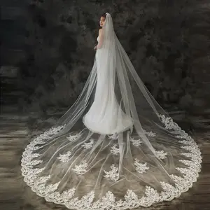 Velo de novia largo con borde de encaje, accesorios de boda, Mantilla de novia