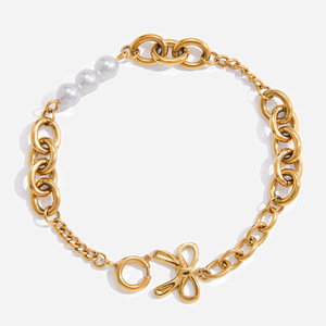Pearl <b>Bow</b> Pendant Bracelet Gold Chain Women's Jewelry <b>Gift</b> Elegant Design Classic Style - Product Image 1