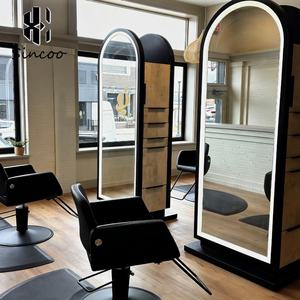 Espejo de Barbería Doble Cara de Vidrio Dorado con Diseño Moderno y Personalizado para Salón de Peluquería, con Almacenamiento y Cajón para Centro Comercial - Product Image 3