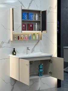 Meuble-lavabo mural minimaliste kaki, mobilier de salle de bain en acier inoxydable avec miroir semi-ouvert et lavabo en céramique sans joint - Product Image 6