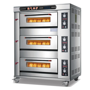 Horno industrial a gas de tres capas con 6, 9 y 12 bandejas para hornear pan y pasteles, equipo para panadería comercial. - Product Image 1