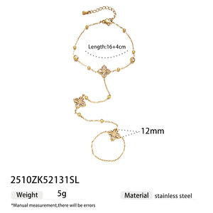 Elegante Pulsera de Cristal <span class=keywords><strong>con</strong></span> Trébol, Cadena de Mano de Acero Inoxidable Dorado <span class=keywords><strong>con</strong></span> Anillo Ajustable, Joyería Boho para el Dedo - Product Image 6