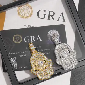 Men's Hip Hop Jewelry 925 Silver Moissanite Diamond Fatima Hand Pendant Gold Plated Round Hamsa Hand For Men