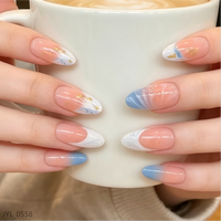 Faux ongles en ABS en forme d'amande, style français, bleu et blanc dégradé, en relief 3D, réutilisables, à porter, pour manucure DIY, gel acrylique