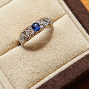 Xinfly Solid 18K Gold Royal Blue Sapphire Diamond <b>Ring</b> Italian Style Hand Engraved AU750 <b>Two</b> Tone Vintage Fine Jewelry for Women - Product Image 5