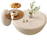 Modernes Skulpturales TUOCHEN Ausziehbares Couchtisch-Set Creme Matt Runde Basis Kunststoff-Oberfläche Kieselsteinförmige Seitenstütze