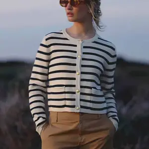 High Quality Brand Designer Emilie Custom 100% Cotton Women Knitwear Black And White Stripe Lady Jacket Cardigan Sweater