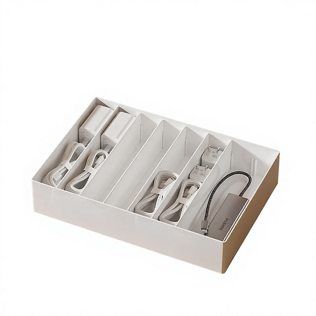 Plastic Cable Organizer Box Home Use Desktop Charging Cable Power Cord Storage Stackable Compartments Modern Minimalist Design