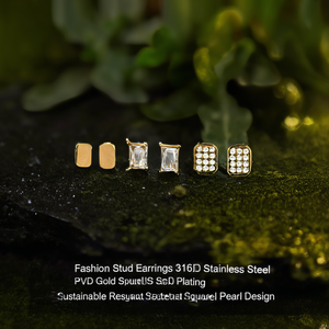 Fashion <b>Stud</b> <b>Earrings</b> 316L Stainless Steel PVD Gold Plating Sustainable Resistant Square Crystal Pearl Design - Product Image 3
