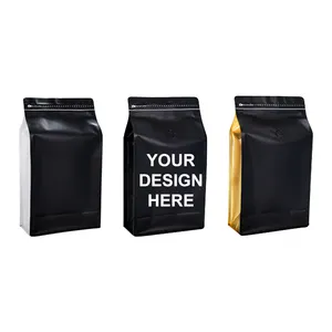 Bolsas de café de embalaje de alimentos de alta calidad Bolsas de plástico de fondo cuadrado con cremallera de café dorado para comida de nuez de té
