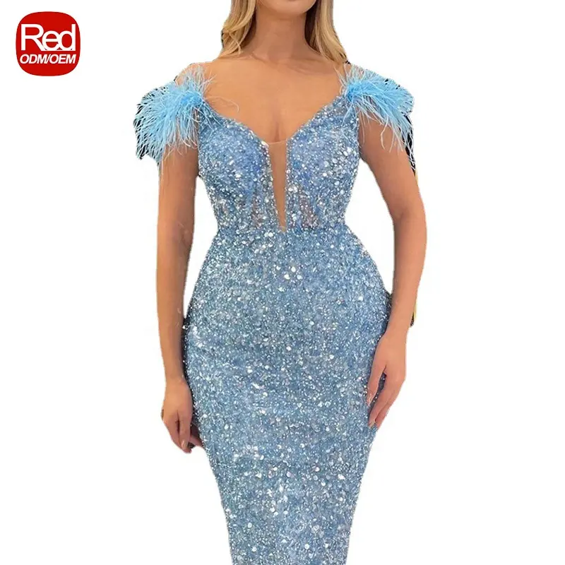 Evening dresses 2023 latest design sequined gowns sexy deep v feathers sleeveless royal blue wedding dress ball gown in