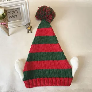 YD411冬季红绿格子女男装饰品派对兔子耳朵Pom帽子圣诞帽条纹圣诞派对针织豆豆帽子