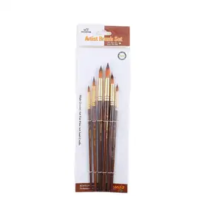 High quality wooden paint long handle round point 6 Pcs Nylon brush set acrylic paint brushes with customer Logo