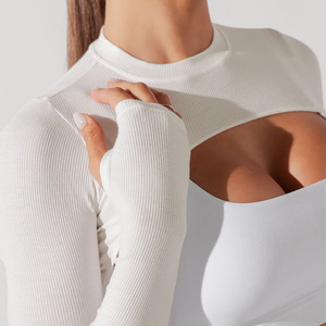 <strong>Women</strong> <strong>White</strong> Ribber Long Sleeve Pullover Workout <strong>Shrug</strong> Cropped Top With Thumb Hole - Product Image 2