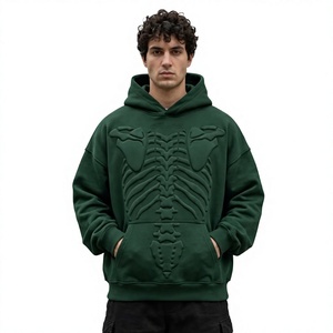 Sudadera con Capucha Oversize para Hombre, Verde Oscuro, con Relieve, 100% Algodón, para Invierno, Estilo Urbano, con Bolsillo Frontal con Logotipo, 2 Piezas - Product Image 1