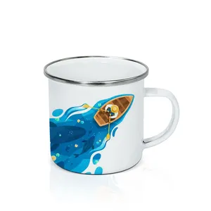 wholesales 12oz custom logo reusable rolled rim metal steel tin enamel camping sublimation blanks coffee tea cup mug with handle