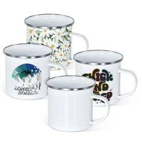 Mug émaillé vierge pour sublimation 12oz (360ml) blanc, tasse de camping avec poignée, bord métallique argenté, émail épais pour personnalisation DIY