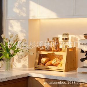 Boîte de rangement pour pain en bambou avec porte en verre, étagère de cuisine pour baguettes et pâtisseries - Product Image 2