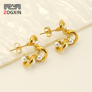 ZOGXIN Gold Plated Pearl Stud Earrings Geometric Design For Women Party Jewelry - Product Image 1