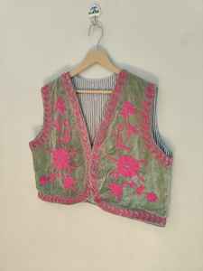 Classic Art Craft Handmade Eco-Friendly Reversible Breathable Velvet Bomber <b>Jacket</b> Suzani Embroidery <b>Short</b> <b>Sleeve</b> Boho Floral - Product Image 5