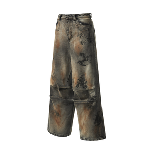 Jean droit vintage délavé et teint à la <span class=keywords><strong>boue</strong></span>, effet 3D plissé, haute qualité, sur mesure pour homme, coupe baggy pour homme, design pour femme - Product Image 3