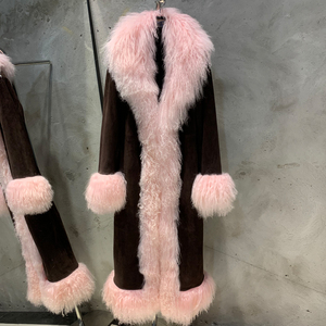 Veste longue en peau de mouton véritable pour femme, fourrure de mouton mongol bouclée, daim, vêtement d'extérieur, manteau long en cuir de mouton véritable chaud pour l'hiver - Product Image 3