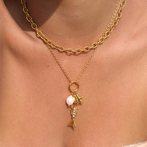 Stainless Steel Pearl Necklace Skeleton Design Gold Tone Clavicle Chain Everyday Wear Jewelry for Women - Product Image 3