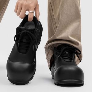 Chaussures montantes décontractées pour hommes, style mocassin à lacets, en cuir épais et empeigne en PU, semelles épaisses rehaussantes en caoutchouc et maille - Product Image 2