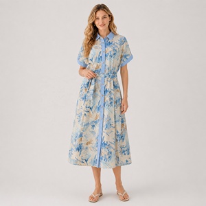 <span class=keywords><strong>Abito</strong></span> chemisier lungo professionale in <span class=keywords><strong>lino</strong></span> blu con stampa floreale da donna, a maniche corte, abbottonato, con tasche e cintura, ecologico - Product Image 2