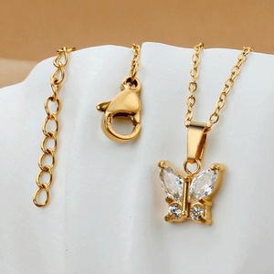 שרשרת תליון פרפר ופרח מצופה זהב 18 קראט מפלדת אל-חלד דקה NS5001 עם שרשרת זירקון צבעוני לנשים - Product Image 5