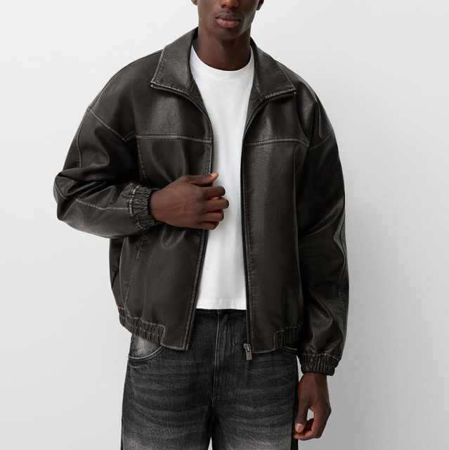 Custom Men's Oversized Vintage Thick Solid Color Plain Crop Boxy Fit Faux Leather PU Motorcycle Varsity Bomber Jacket