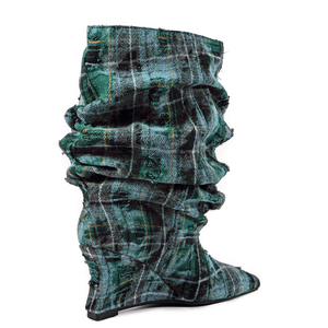 Bottines à talons compensés pointus en tissu pour femme, avec empeigne plissée à carreaux mélangés, talon haut, grande taille 45 - Product Image 5