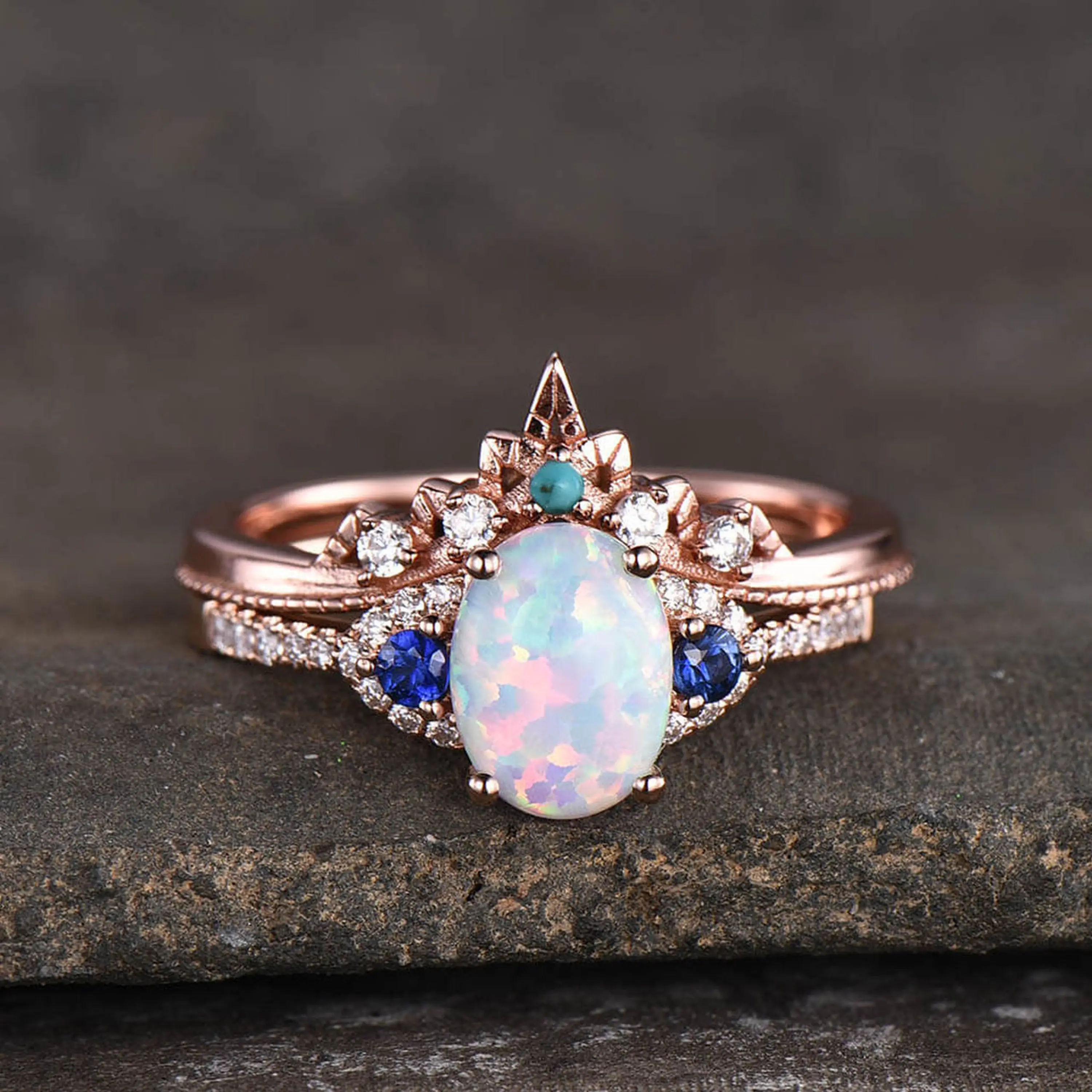 925 Sterling Silver Ring High Quantity Beautiful Jewelry Rose Gold Bound White Fire Opal Ring Set
