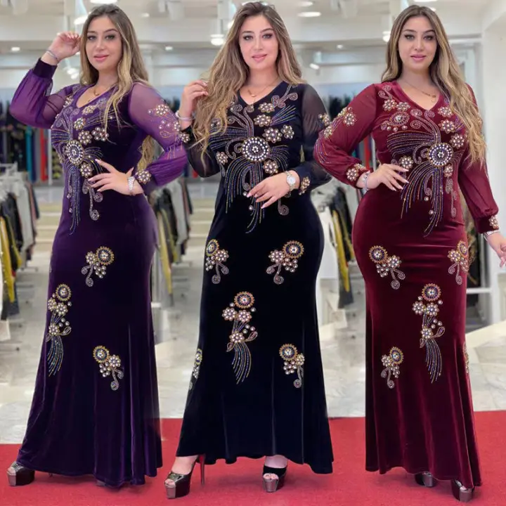 Türkiye Dubai tarzı etnik çiçek elmas olgun lüks kadın elbise Rhinestone boncuk pullu müslüman elbise
