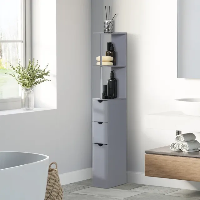 Tall Bathroom Storage Cabinet, Freestanding Linen Tower with 2-Tier Shelf and Drawers, Narrow Side Bathroom Tissue Cabinet