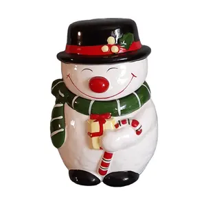 Lucu Keramik Menyenangkan Snowman Kue Jar Dilukis Tangan Tersenyum Snowman Biskuit Jar dengan Topi Berbentuk Tutup untuk Hadiah dan Permen