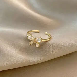 Women Lovely Bow Tie Ring With Tiny Cubic Zircon Plated Best Engagement Wedding Gold Ring Jewelry Gifts for Women Girlfriend