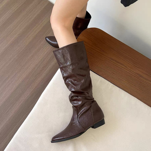 Short Retro Pointed-Toe Knee-High <b>Boots</b> with Built-in Heels for Women Hot Girl Biker <b>Boots</b> Slim-Fit Knee-High <b>Boots</b> - Product Image 6