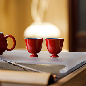 Guanlan Hand Painted Double Line Small <b>Teacup</b> Red Glaze Porcelain Traditional Chinese Style Tea Tasting Cup Kung Fu Tea Set - Product Image 1