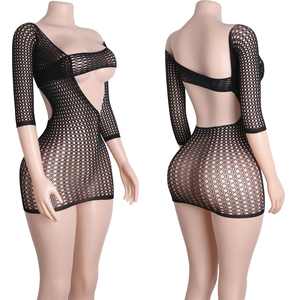 Body en dentelle Mini robe Manches longues Sheer Fishnet Erotic Clubwear Festival Shiny Performance Exotic Dancer Outfit - Product Image 1