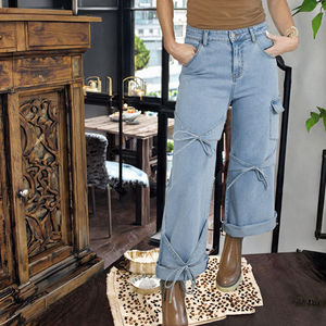 Taille haute évasé Denim jean pour femmes Simple décontracté Cargo Style nœud papillon bouton solide léger lavé pour printemps automne en gros - Product Image 2