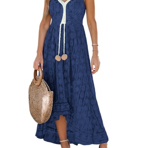 Vestido de encaje bohemio extralargo para mujer con cuello en V, volante acampanado, correa ajustable para el hombro, estilo informal de playa de verano - Product Image 4