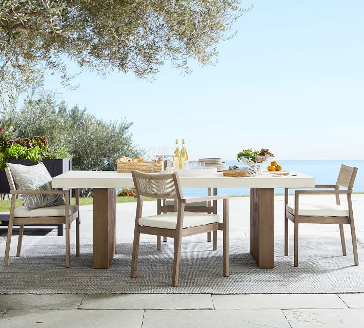 Wholesale New Fashion Concrete Rectangular Table Rope 6 Teak Chair Outdoor Dining Set
