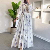 Abaya longue décontractée en mousseline florale à col rond pour femme, style moyen-oriental, avec ceinture incluse, vente en gros