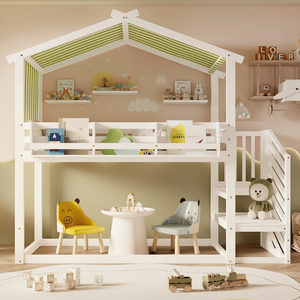 Lit superposé avec petite bibliothèque <span class=keywords><strong>d</strong></span>'<span class=keywords><strong>angle</strong></span>, escalier, lit pour enfants, auvent <span class=keywords><strong>d</strong></span>écoratif, durable, confortable, en bois de pin, lit pour enfants - Product Image 1